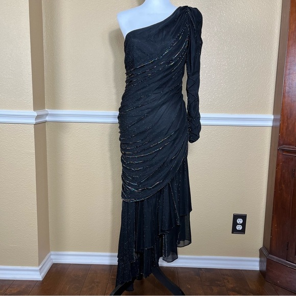 VTG 80s Dress Size 9/10 One Sleeve Black Blue Shimmer Whimsigoth Grunge Party - Picture 4 of 15